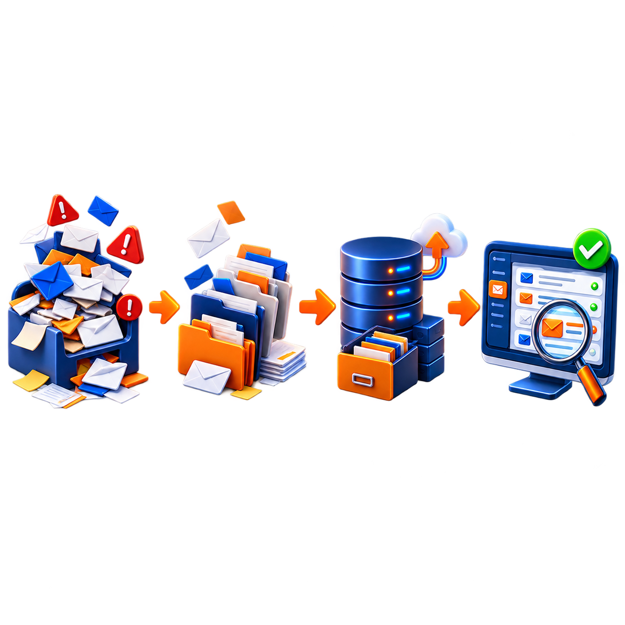 Evolução visual da caixa de e-mail cheia para um arquivo organizado e pesquisável